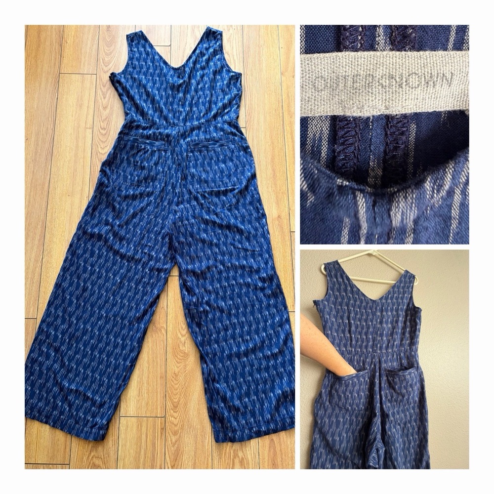 Outerknown Pali Jumpsuit Blue White Ikat Organic Cotton Wide Leg Boho M 8/10